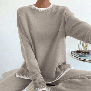 Multicolor Casual Women's Contrast Color Long Sleeve Sweater & Knitted Pants Set